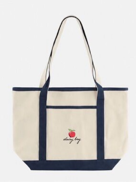 Dairy Boy Nyc Tote Bag Cream And Navy Canvas Tote With Embroidered Apple